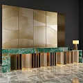 Modern Luxury Reception Desk With Golden Wavy Wall Green Marble Countertop And Decor Accents