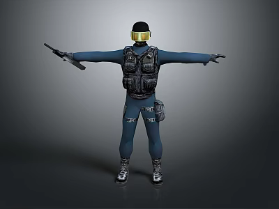 Game Movie Character With Black Helmet Yellow Goggles Tactical Vest Rifle And Dark Blue Outfit 3d model