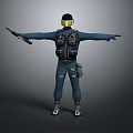 Game Movie Character With Black Helmet Yellow Goggles Tactical Vest Rifle And Dark Blue Outfit