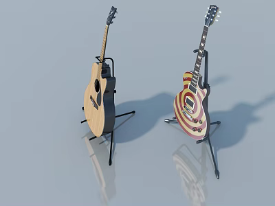 Two Guitars On Stands Acoustic And Electric With Red White Stripes Circular Pattern Light Background 3d model
