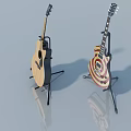 Two Guitars On Stands Acoustic And Electric With Red White Stripes Circular Pattern Light Background