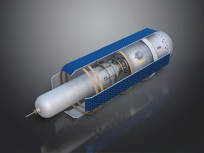 Cylindrical Precision Mechanical Device With Silver Body Blue Mesh Covering And Golden Rings 3d model