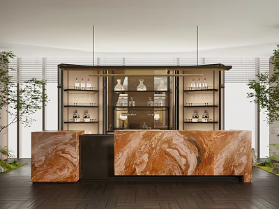 Modern Bar Interior Design With Orange Marble Countertop Wine Cabinets And Green Plants 3d model