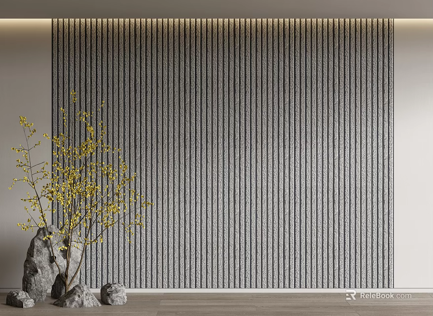 Gray Vertical Striped Background Wall in Interior With Decorative Stones Yellow Branches And Wooden Floor 3d model 