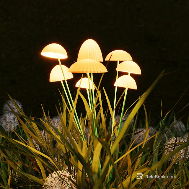 Mushroom Shaped Outdoor Lights Glowing Warmly Among Green Grass in Garden 3d model 