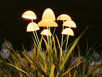 Mushroom Shaped Outdoor Lights Glowing Warmly Among Green Grass in Garden 3d model