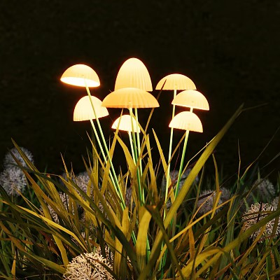 Mushroom Shaped Outdoor Lights Glowing Warmly Among Green Grass in Garden 3d model