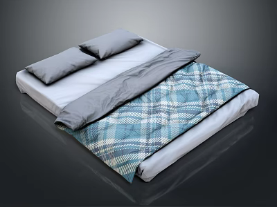 Modern Minimalist Double Bed With Two Gray Pillows Gray Blanket And Blue White Plaid Quilt 3d model