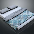 Modern Minimalist Double Bed With Two Gray Pillows Gray Blanket And Blue White Plaid Quilt