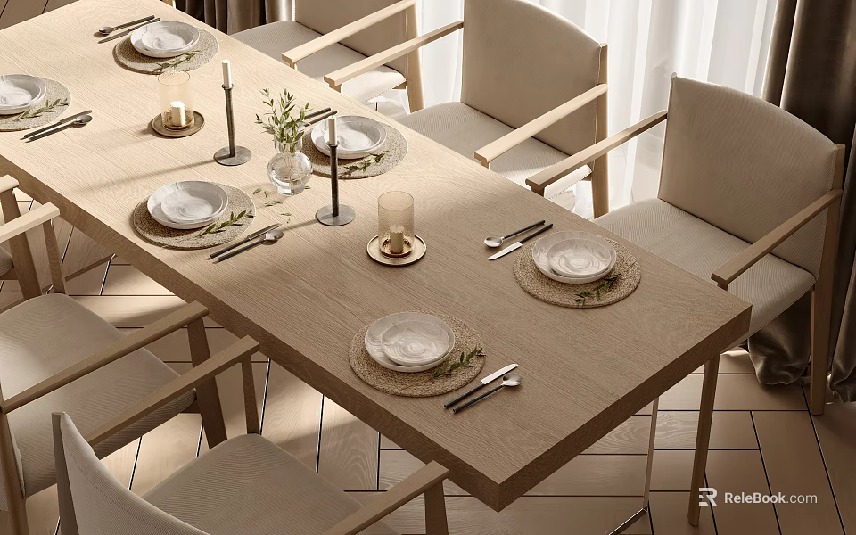 Minimalist Wooden Dining Table Set with Chairs Tableware and Decorative Candles 3d model 