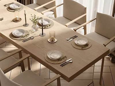 Minimalist Wooden Dining Table Set with Chairs Tableware and Decorative Candles 3d model