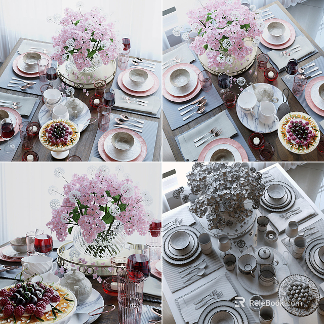 Elegant Ceramic Dinnerware Set With Modern Design And Flower Arrangement For Kitchen Table 3d model 