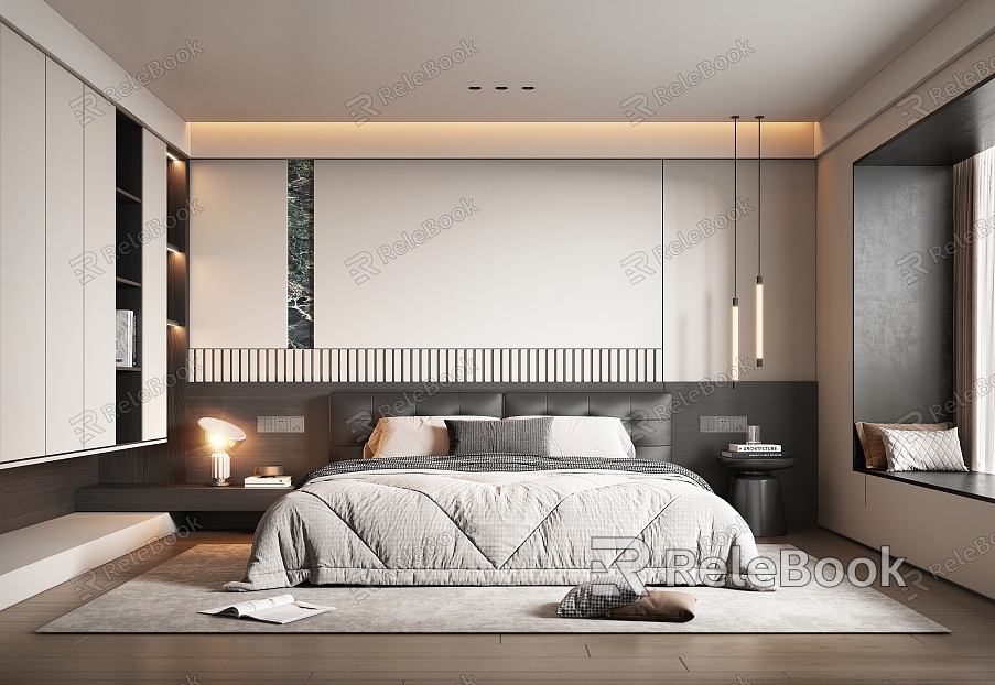 Italian Bedroom Leather Double Bed Bedroom Background Wall Metal Small Chandelier Table Lamp Master Bedroom model