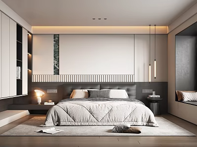 Modern Bedroom Interior Design With Upholstered Bed Nightstand Pendant Lights Decorative Wall Built-in Cabinets 3d model