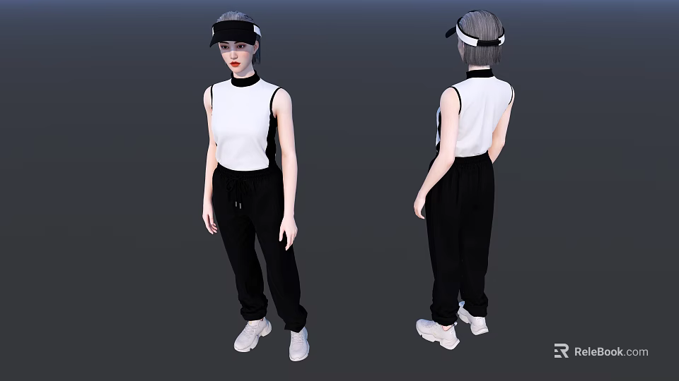 Woman In White Sleeveless Top Black Pants White Shoes And Black Headband Front Back Views 3d model 
