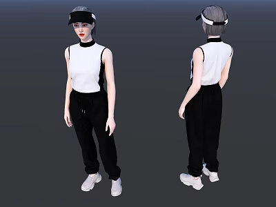 Woman In White Sleeveless Top Black Pants White Shoes And Black Headband Front Back Views 3d model