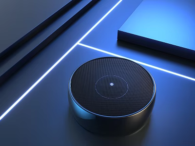 Round Wireless Speaker With Modern Design And Blue Lighting On Sleek Tabletop 3d model