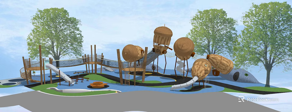 Children's Play Area Featuring Wooden Climbing Structures Slide And Dome Shaped Play Equipment 3d model 