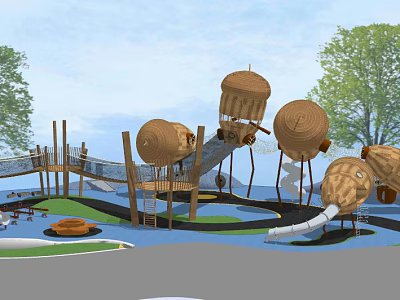 Children's Play Area Featuring Wooden Climbing Structures Slide And Dome Shaped Play Equipment 3d model