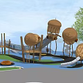Children's Play Area Featuring Wooden Climbing Structures Slide And Dome Shaped Play Equipment