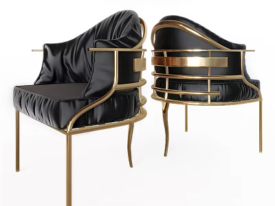 Black Leather Leisure Chair With Gold Metal Frame And Modern Armrest Design 3d model