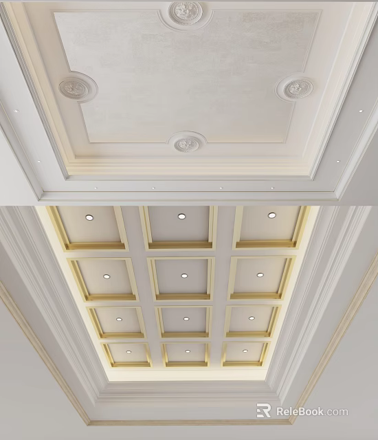 Classic Interior Ceiling Design With Grid Pattern Recessed Lights And Ornate Moldings 3d model