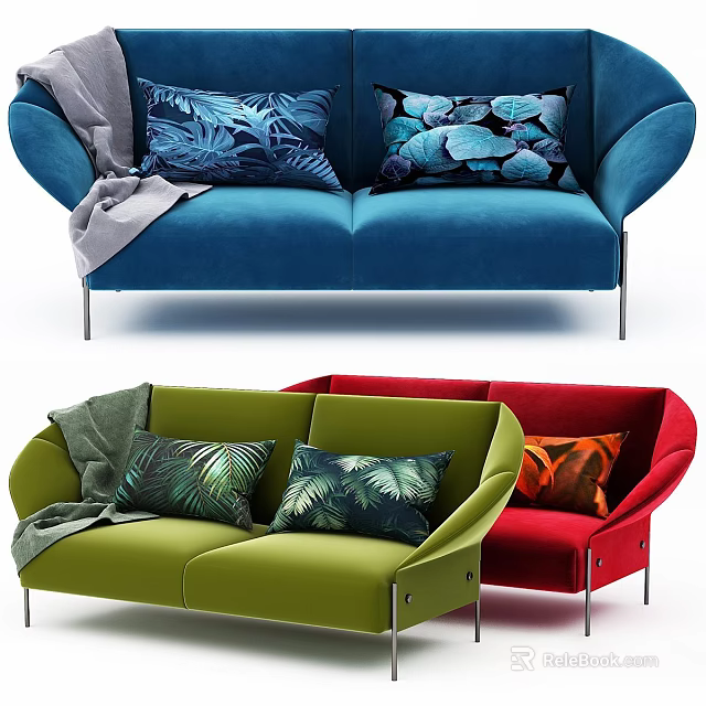 Modern Sofa Set With Blue Green Red Colors Leaf Pattern Pillows And Throw Blankets 3d model