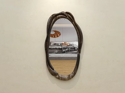 Wall Mounted Wooden Frame Mirror With Irregular Shape Reflecting Sofa And Wooden Floor 3d model
