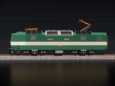 Green Electric Train With White Stripe And Pantograph On Rail Tracks 3d model