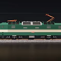 Green Electric Train With White Stripe And Pantograph On Rail Tracks