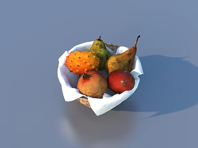 Fresh Assorted Fruits in Wicker Basket with White Cloth Including Kiwano Pear and Apple 3d model
