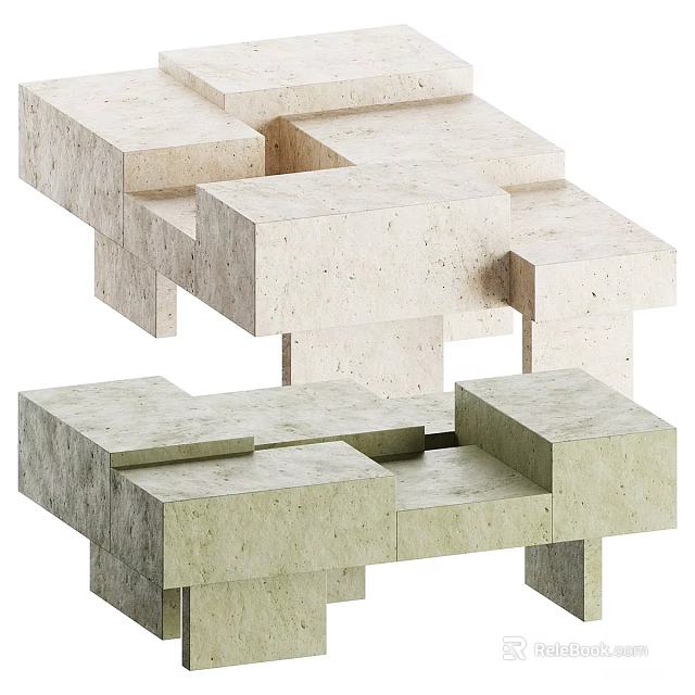 Modern Geometric Coffee Table With Stacked Block Design And Marble Surface 3d model 