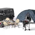 Black Camping Tent Setup with SUV Chairs Table and Outdoor Gear