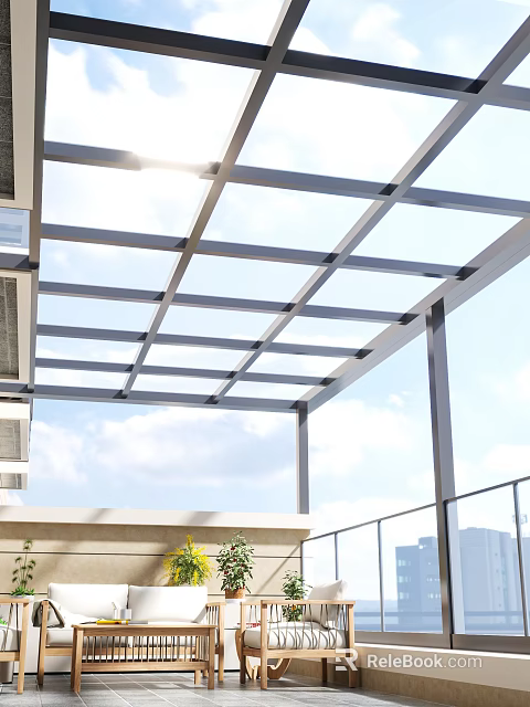 Modern Glass Roof Sunroom Structure With Metal Frame And Clear Sky View 3d model 
