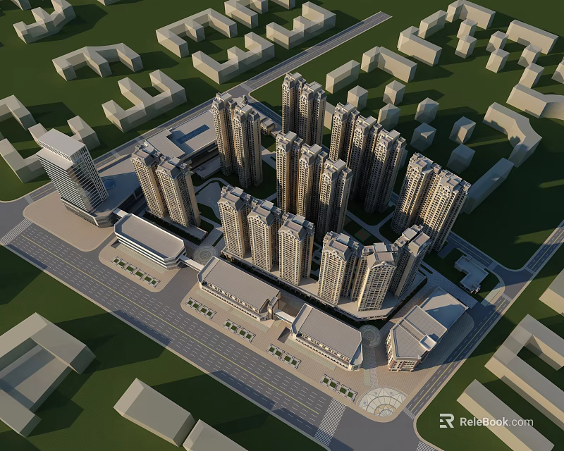 Modern High Rise Residential Buildings in Urban Area With Surrounding Roads and Structures 3d model 