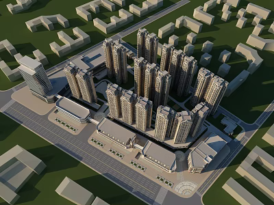 Modern High Rise Residential Buildings in Urban Area With Surrounding Roads and Structures 3d model