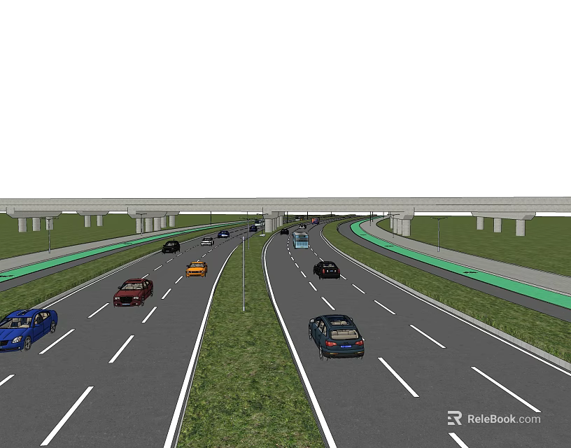 Highway Road Infrastructure Featuring Multiple Lanes Vehicles Moving Green Median And Overpass 3d model
