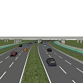 Highway Road Infrastructure Featuring Multiple Lanes Vehicles Moving Green Median And Overpass 3d model
