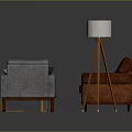 Modern Living Room Interior With Red Leather Sofa Grey Armchair And Round Wooden Coffee Table