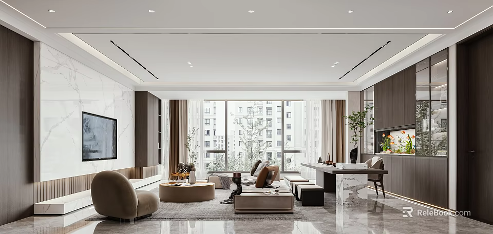 Modern Living and Dining Room Interior With Open Layout Sofa Coffee Table and Large Window 3d model