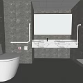 Public Restroom Interior With Gray Tiles Accessibility Handrails Mirror And Sink Counter