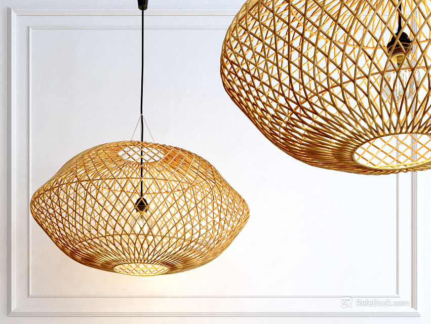 Natural Bamboo Woven Pendant Lights In Modern Interior With White Wall Background 3d model 