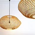 Natural Bamboo Woven Pendant Lights In Modern Interior With White Wall Background