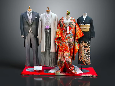 Traditional Clothing Mannequins Display Various Styles Including Suit And Kimono 3d model
