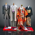 Traditional Clothing Mannequins Display Various Styles Including Suit And Kimono