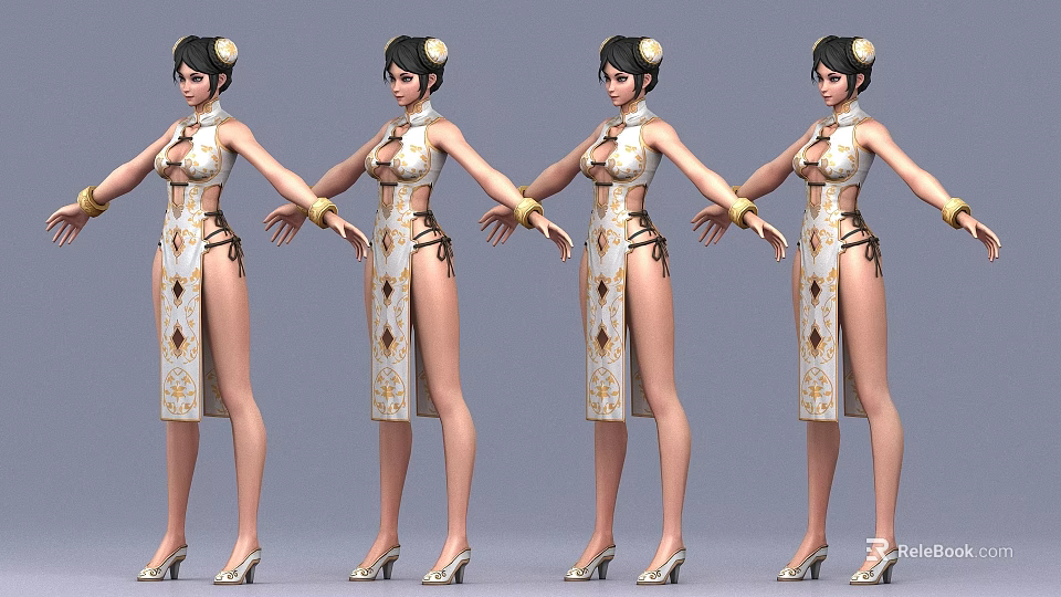 Woman in Traditional Qipao Dress with Decorative Patterns Hair Accessories and High Heels 3d model 