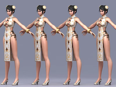 Woman in Traditional Qipao Dress with Decorative Patterns Hair Accessories and High Heels 3d model