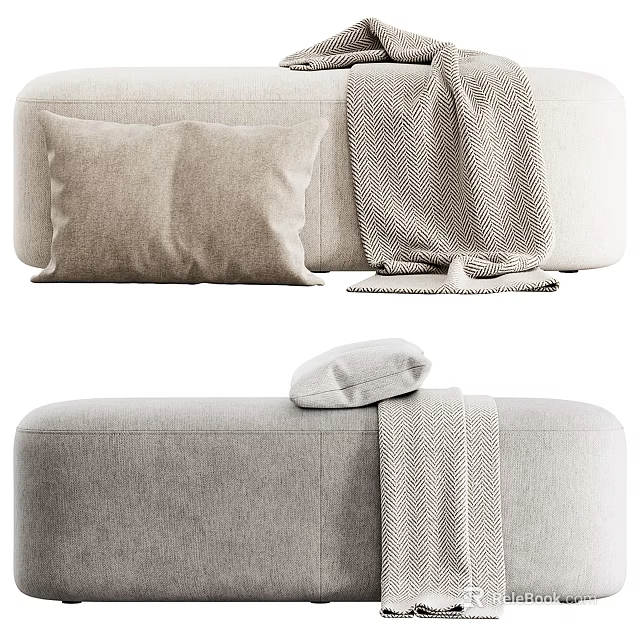 Cozy Soft Fabric Sofa Bench With Light Gray Pillows And Knitted Blanket 3d model 