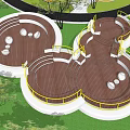 Modern Outdoor Recreational Area With Circular Wooden Platforms Yellow Railings Trees Green Lawn And Seats
