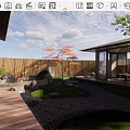 Traditional Japanese Courtyard Design With Wooden Pathway Stone Lantern And Greenery